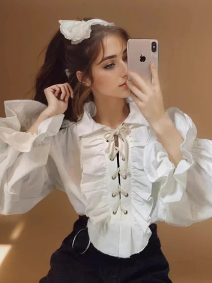 Zadily 2025 Summer Women's Lolita Ruffle Trim High Neck Shirt Lace-Up Lantern Sleeves Fitted Waist Vintage Elegant Party Blouse