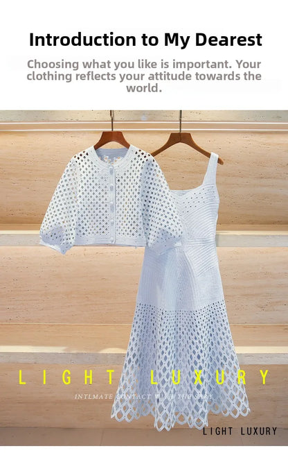 M Home Nan You High End Women's Spring 2026 Lantern Sleeve Rhinestone Knitted Jacket Strap Dress Set Fashionable Commute Style