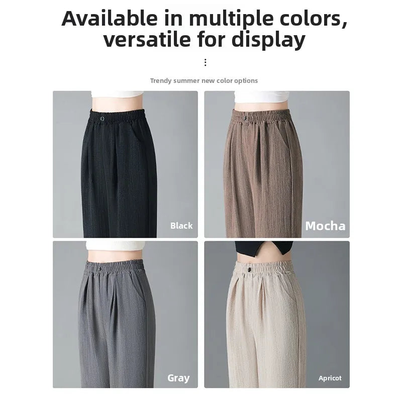 Ice Silk Slim Wide Leg Pants Women's Summer Drapey High Waist Straight Casual Lazy Floor Length Pants Cool Pants