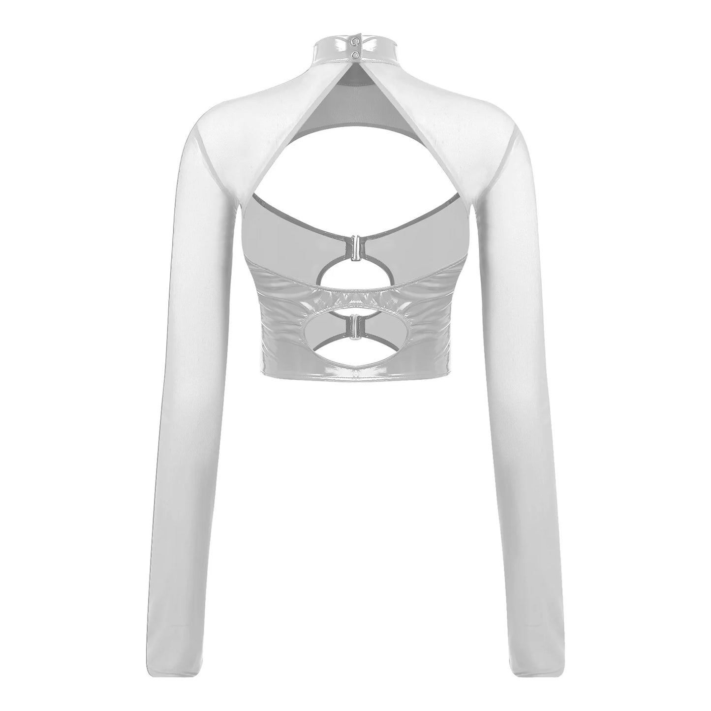 Womens Sheer Mesh Leather Patchwork Crop Top Long Sleeve Hollow Out Slim Fit Glossy Blouse Tops for Halloween Party Raves Dance