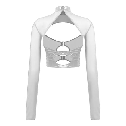 Womens Sheer Mesh Leather Patchwork Crop Top Long Sleeve Hollow Out Slim Fit Glossy Blouse Tops for Halloween Party Raves Dance