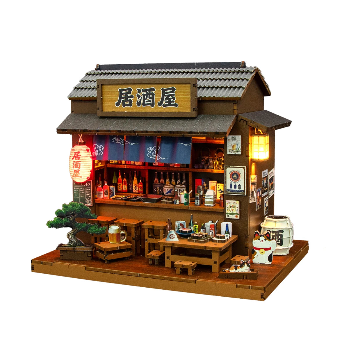 Izakaya Mini 3D Puzzle Assembly Model Dollhouse Kit DIY Handmade Toy Bookshelf Set, Wood Crafts for Girls' Birthday Gifts