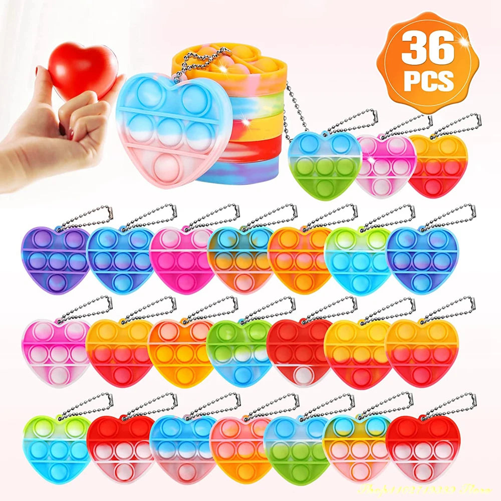 36PCS Mini Heart Pop Fidget Toys Pack Party Favors Pop Bubble Fidget Bulk Sensory Toy Keychain Wrap Stress Reliever Anti-Anxiety