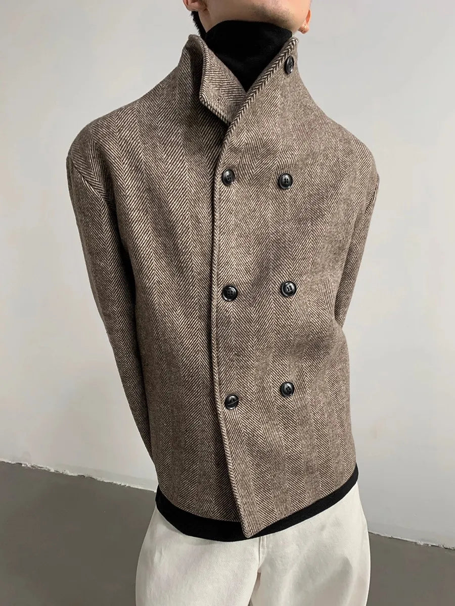 Mauroicardi Autumn Winter Cool Short Warm Herringbone Woolen Jacket MenStand Collar Double Breasted Luxury Designer Clothes 2025