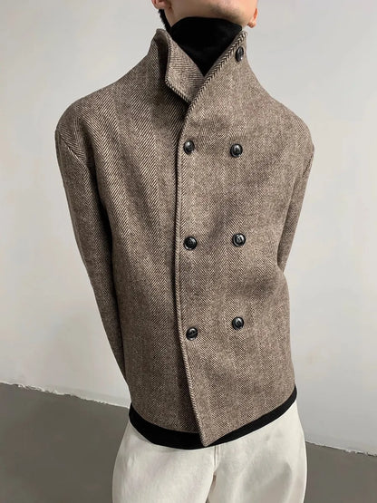 Mauroicardi Autumn Winter Cool Short Warm Herringbone Woolen Jacket MenStand Collar Double Breasted Luxury Designer Clothes 2025