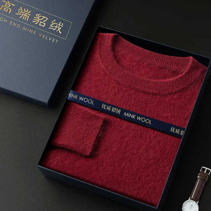 100% Pure Mink Cashmere Men's Round Neck Sweater For Autumn Winter, Casual Knitted Long Sleeved Pullover Sweater Men's Clothng