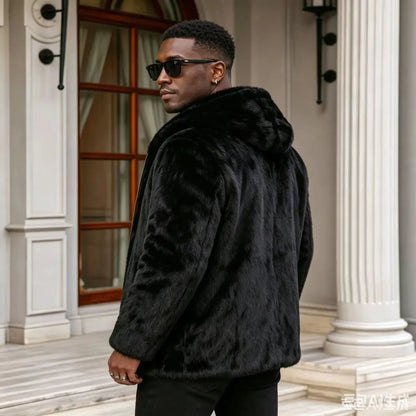 Men Genuine Real Rabbit Fur Coat Stand Collar Zipper Fluffy Thick Warm Luxury Black Winter Fur Outerwear