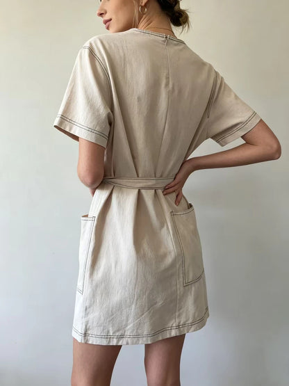 fenggejiwo women's casual pure cotton crew neck dress with waist tie dress