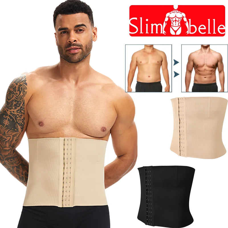 Slimbelle Men Shapewear Ribbed Belt Tummy Control Band Slimming Comprssion Fajas High Stretch Body Shaper Back Support Corset