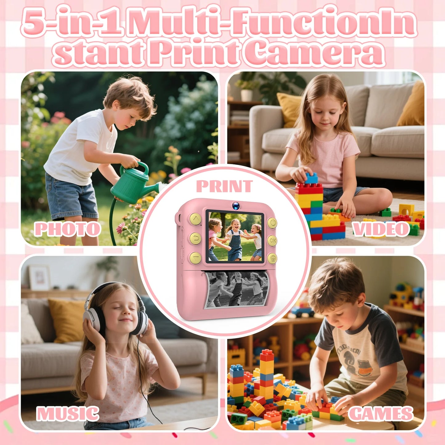 Instant Print Camera 2.8 Inch Large Screen HD Digital Video Camera for Kids Outdoor Zero Ink Portable Print Toy Camera Kid Gift