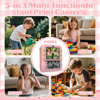 Instant Print Camera 2.8 Inch Large Screen HD Digital Video Camera for Kids Outdoor Zero Ink Portable Print Toy Camera Kid Gift