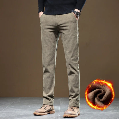 2024 New Winter Fleece Warm Corduroy Pants Men Business Fashion Slim Fit Stretch Thicken Gray Khaki Fluff Casual Trousers Male