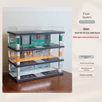 1:64 Scale Parking Garage Model & Dust-Proof Display Shelf - Car Model Diorama, Collectible Vehicle Storage Rack (no car)