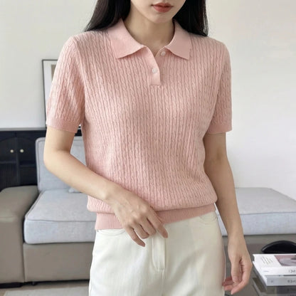 Spring Summer Breathable Pure Cotton Polo Shirt Women's Half Sleeve Loose Knitted Top Casual Versatile Summer Wear A3032122
