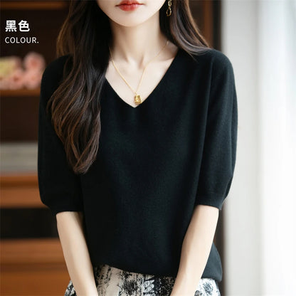 Thin Worsted Wool Short-Sleeved Women's Loose Round Neck T-shirt Printed Summer Fashion Knitted Bottoming Shirt Half-Sleeved