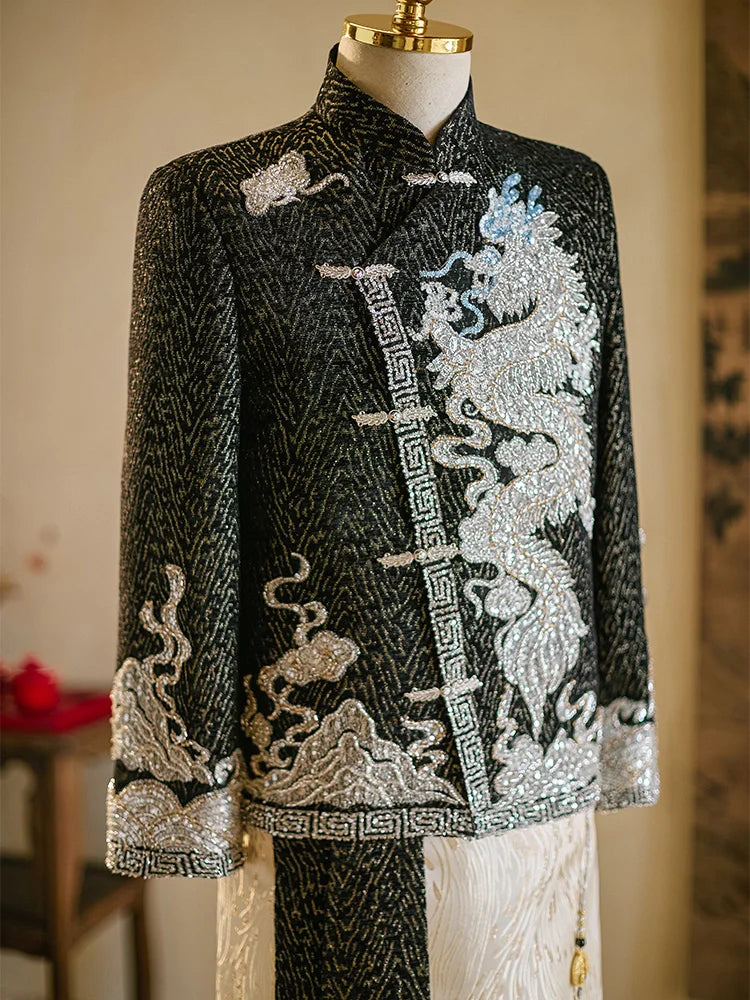 Elegant Long Sleeve Dragon And Phoenix Embroidery Wedding Dress for Men Traditional Chinese Style Stand Collar New Couple Clo...