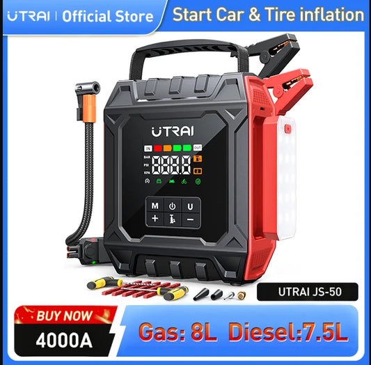 UTRAI 4000A Car Jump Starter with Air Compressor & Removable Magnetic Light Panel & & Outdoor Camping Lights Emergency Booster