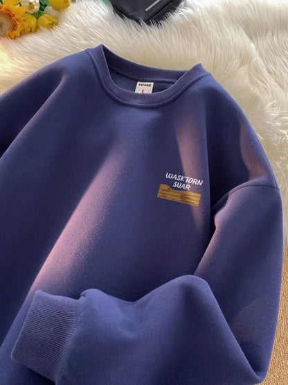 American Retro Fleece Lined Long Sleeve Letter Print Sweatshirt Unisex Autumn Winter Casual Fashion Versatile Men's Women's Top