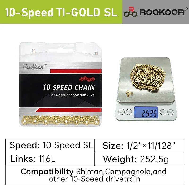 Rookoor Bicycle Chain 6 7 8 9 10 11 Speed Velocidade Titanium Plated TI Gold Silver Mountain Road Bike MTB Chains Part 116 Links