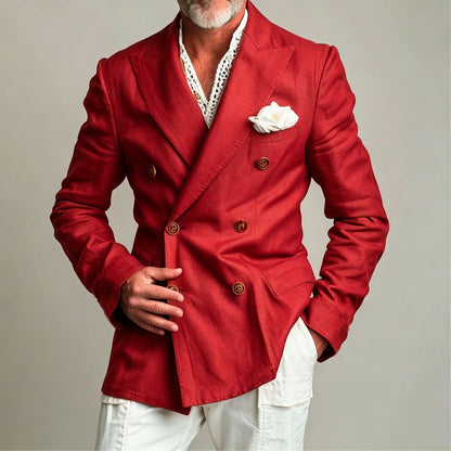 Men's Linen Blazer Jacket Summer Double Breasted Peak Lapel Slim Fit Lightweight Casual Linen Men Sport Coat For Gentlemen
