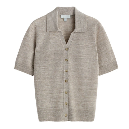 Spring New Women's Standard Fit Single Row Multi-Buckle Ribbed  Turn-down Collar Short Sleeve  Shirt Casual Business