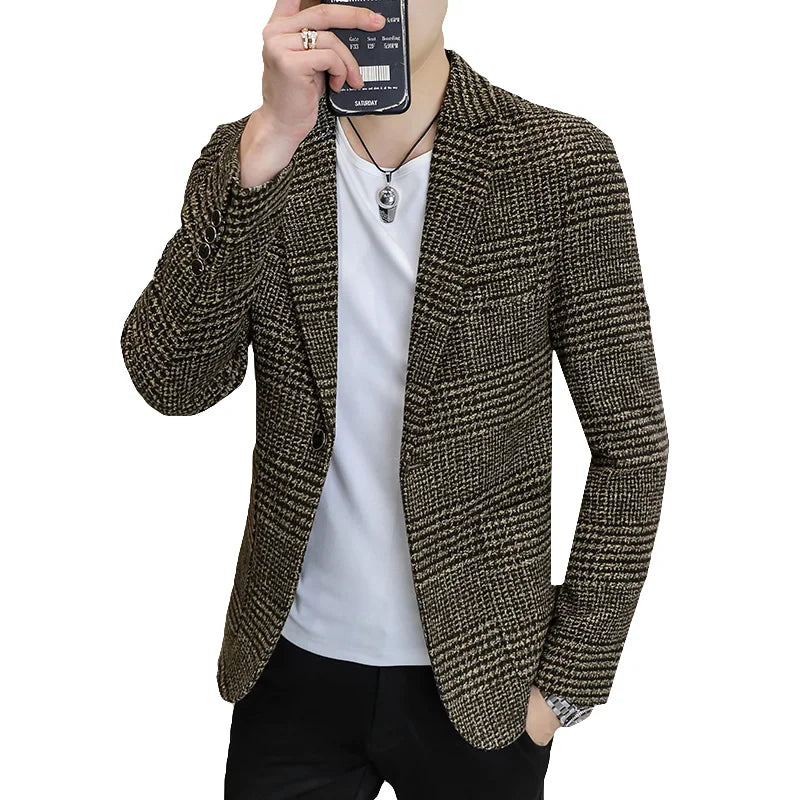 High-quality Men's Fashionable Small Suit Korean-style Slim-fit Top, Cool and Casual Plaid Single Suit, Trendy Formal Jacket