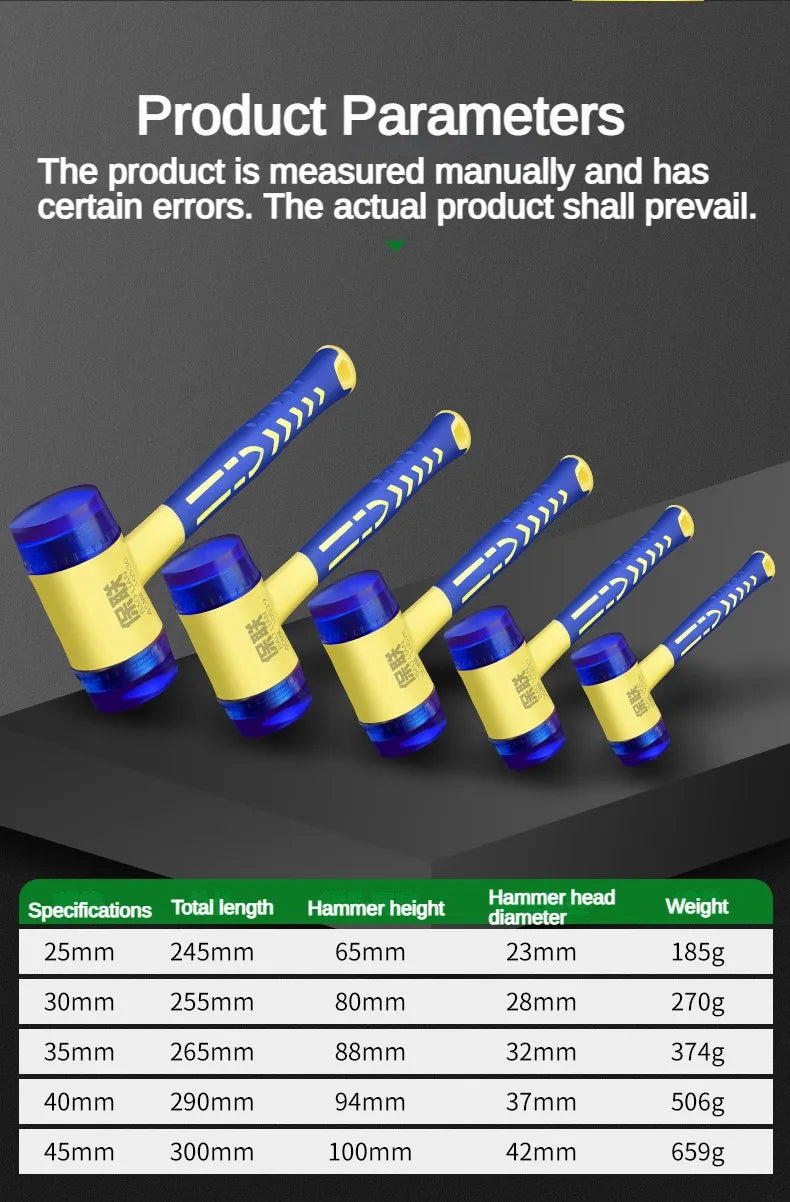 1 double headed installation hammer, 25mm to 45mm rubber hammer with rubber handle, detachable insulated installation hammer
