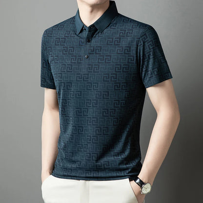 Summer Slim-Fit Men's Short-Sleeved Polo Shirt Classic Lapel Single-Breasted Placket Meander Pattern Casual Style Men's Clothing