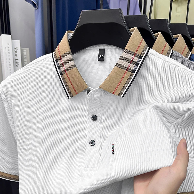 100% Pure Cotton Short Sleeved T-shirt for Men Summer Collar Middle-aged Casual Real Pocket Dad's Polo Shirt