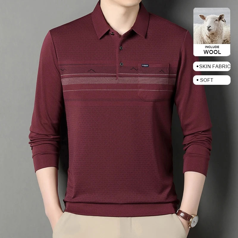 Luxury Wool Blend Fabric Men's Long Sleeve Polo Soft Touch For Father Years Classic Business Staple With Utility Focus