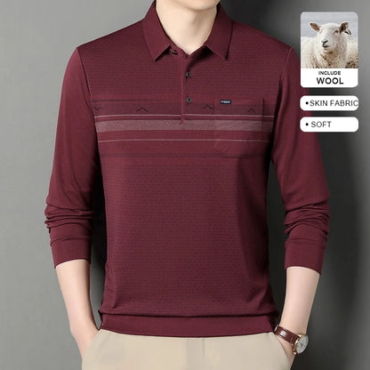 Luxury Wool Blend Fabric Men's Long Sleeve Polo Soft Touch For Father Years Classic Business Staple With Utility Focus