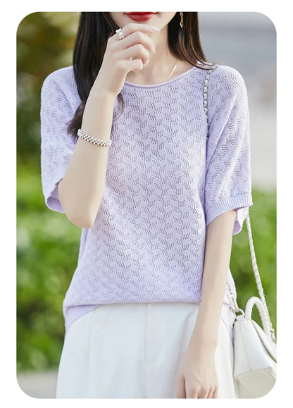 100% cotton ladies spring and summer comfortable round neck advanced design half sleeve pullover short sleeve blouse.