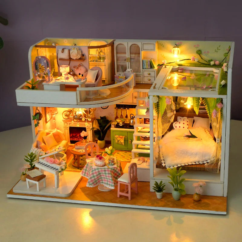 DIY Wooden Doll House Casa Miniature DollHouses Duplex Apartment Model Kits With Furniture LED Lights For Friends Birthday Gifts