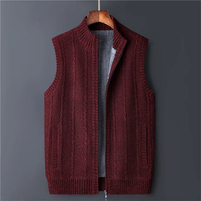 Winter Vest Men Sweater Zipper Warm Thick Male Cardigan Clothing Fleece Wool Liner  Sleeveless Jackets Vintage Black Red