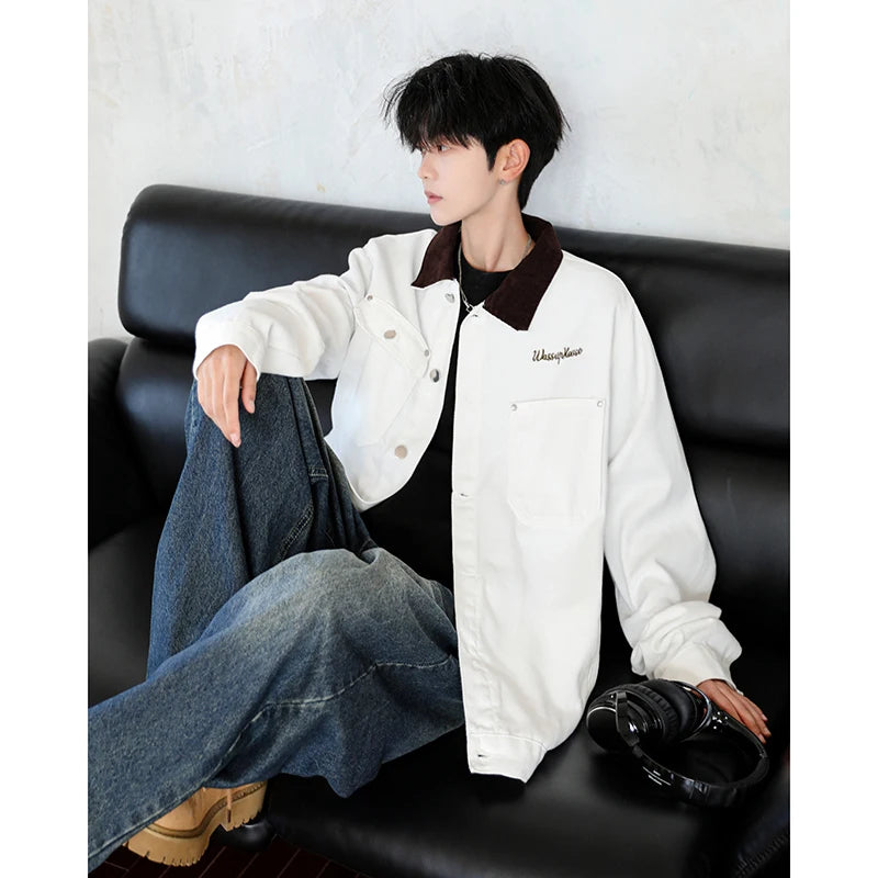 Men's Workwear Denim Shirt Spring Summer Fashion Breathable Cotton Blend Contrast Collar Loose Top Street Urban Commuter Wear