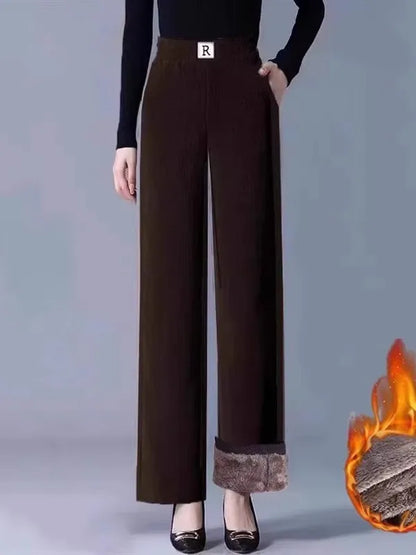 High Waist Fleece Lined Thick Wide Leg Casual Pants for Women Autumn Winter Straight Cut Versatile Comfortable Cotton Trousers