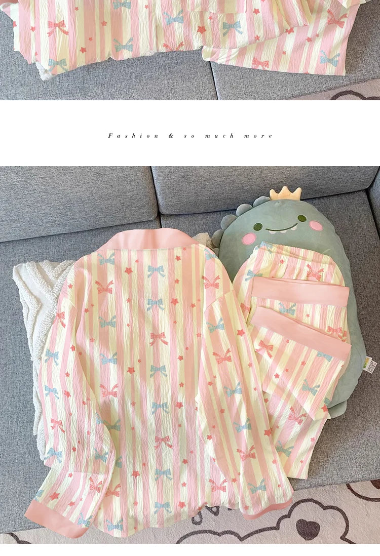 Girls Stripe Sleepwear Women's  Knot Star Long Sleeve Long Pants Korean Style Sweet Crepe Home Clothes Set