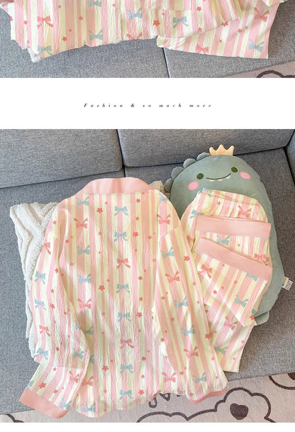 Girls Stripe Sleepwear Women's  Knot Star Long Sleeve Long Pants Korean Style Sweet Crepe Home Clothes Set