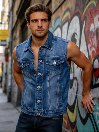 New Men's Retro Washed Denim Vest Lapel Single-Breasted Sleeveless Jacket Vintage Casual Streetwear Top for Men