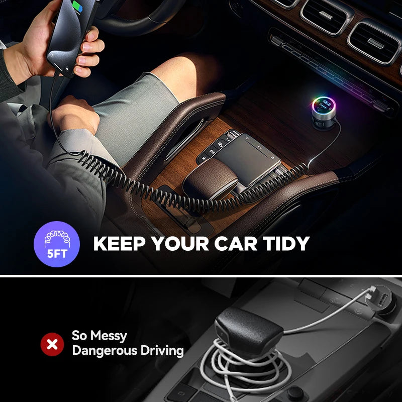 Joyroom 60W Bluetooth 5.4 Car FM Transmitter PD QC 3.0 Cigarette Lighter Adapter Hands-Free Call Fast Charging Car Charger