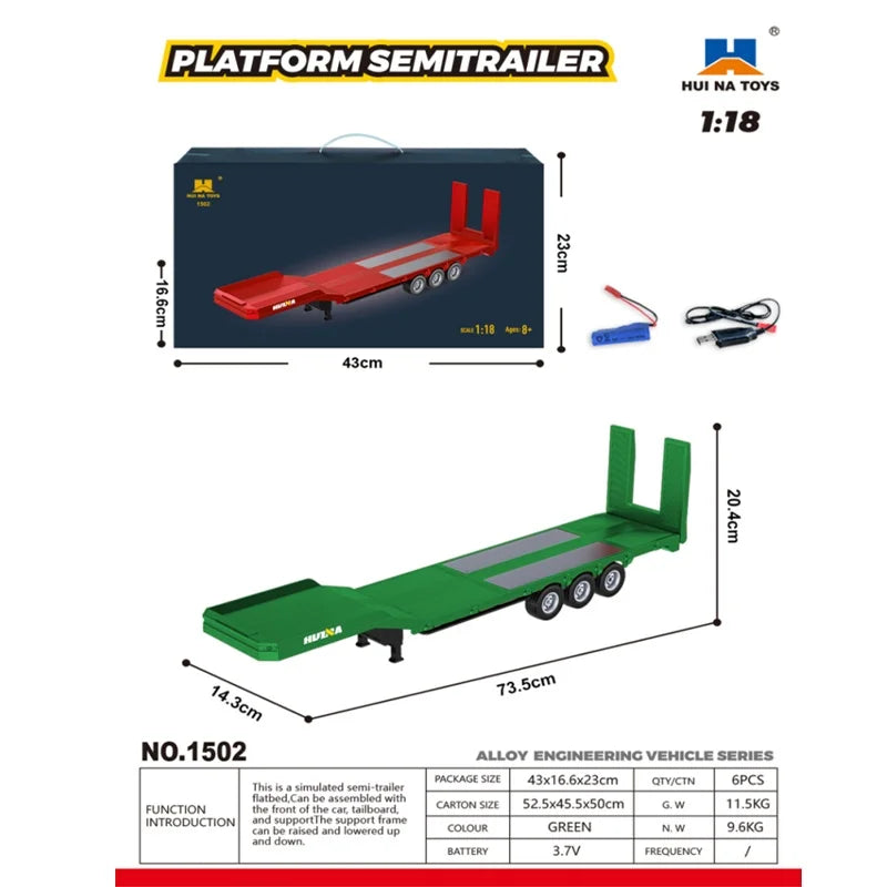 2026 New Huina 1509 RC Truck & 1502 Trailer Full Scale Alloy Remote Control Construction Vehicle Toy for  Collection