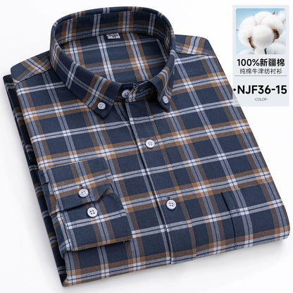 New in Tops Pure Cotton Oxford Plaid Striped Shirts For Men Long Sleeve Classic Business Formal Slim Fit Casual Designer Clothes
