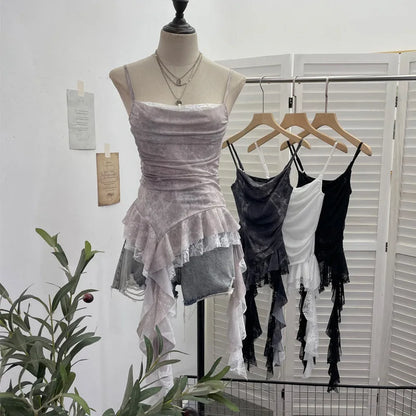 ISAROSE Summer Y2K Camisole for Women Casual Spaghetti Straps Double Layers Lace Stretch Mesh Patchwork Asymmetrical Slim Tops