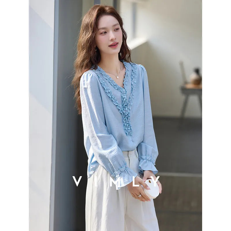 VIMLY Women‘s Versatile Blouses 2026 Spring New French Style V Neck Ruffle Trim Loose Fit Elegant Daily Long Sleeve Shirt A3838