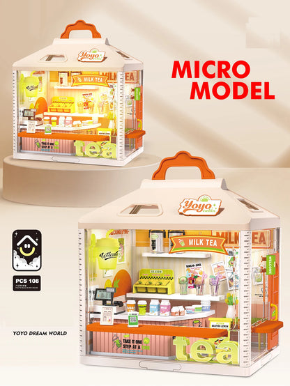 Micro Model Mini Dollhouse Playset with Light, Portable Grill Shop & Beauty Store Pretend Play Toy for Kids, Ideal Birthday Chri