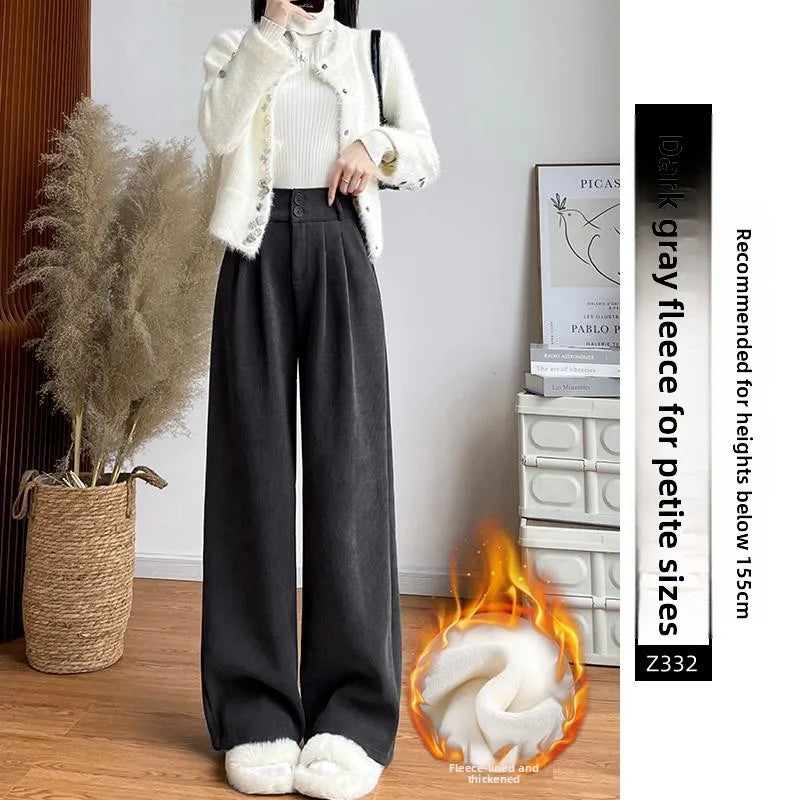 White Corduroy Wide Leg Pants Women's Autumn Winter Slim Straight Drapey Small Size Fleece Lined Suit Trousers