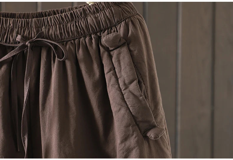 Retro  Color Cotton Filled Casual Loose Harem Pants Small Footed Trousers Winter Outerwear for Women plus Size