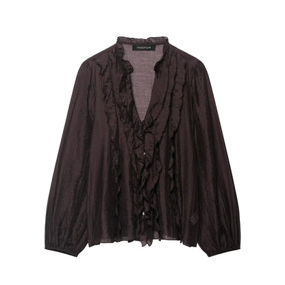HH Women Elegant Fashion Polka Dot Ruffled Blouse V Neck Long Sleeve Shirt Summer Translucent Thin Tops High Street Chic Shirts
