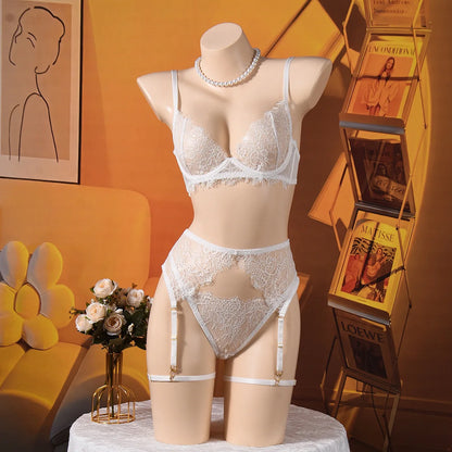 Ellolace Solid Lingeries Sexy Hot Elegant Bra Belt Thong 3PC with Leg Circles Cute Intimate Seductive Lace Tempted Underwear