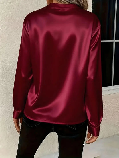 Elegant Long Sleeve V-Neck Silk-Like Top for Women, Perfect for Office & Evening Wear